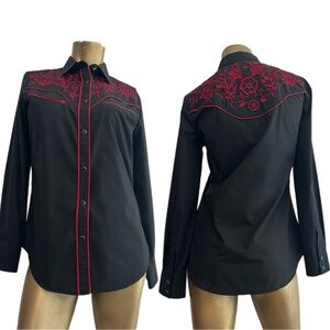 Rodeo Clothing Co Black Western Shirt Red Embroidery Snap Button Cowgirl Top M